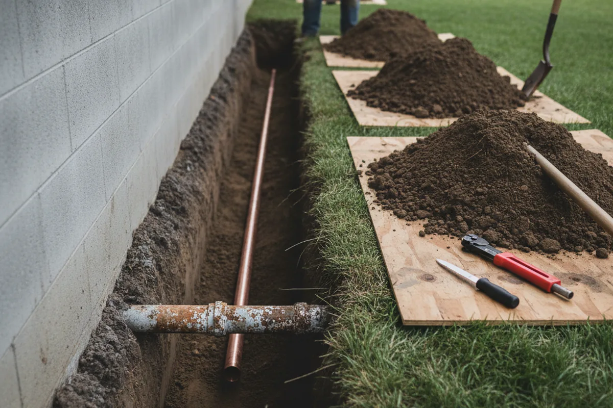 Excavated water line trench during Water Softener Installation in South Elgin